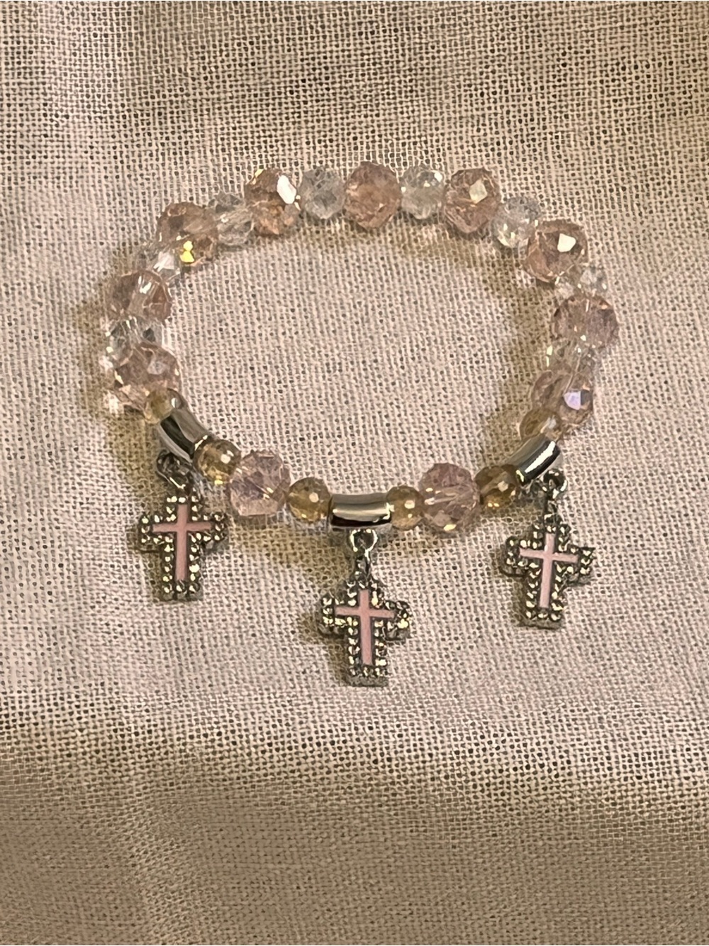 Pink Crystal Bead Stretch Bracelet with Cross Charms - Women Jewelry